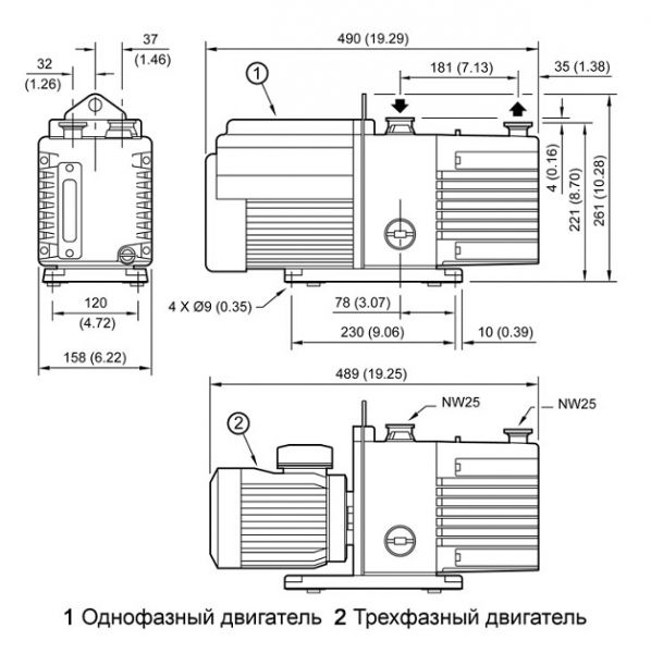 Габартиные размеры однофазного и трехфазного двигателей